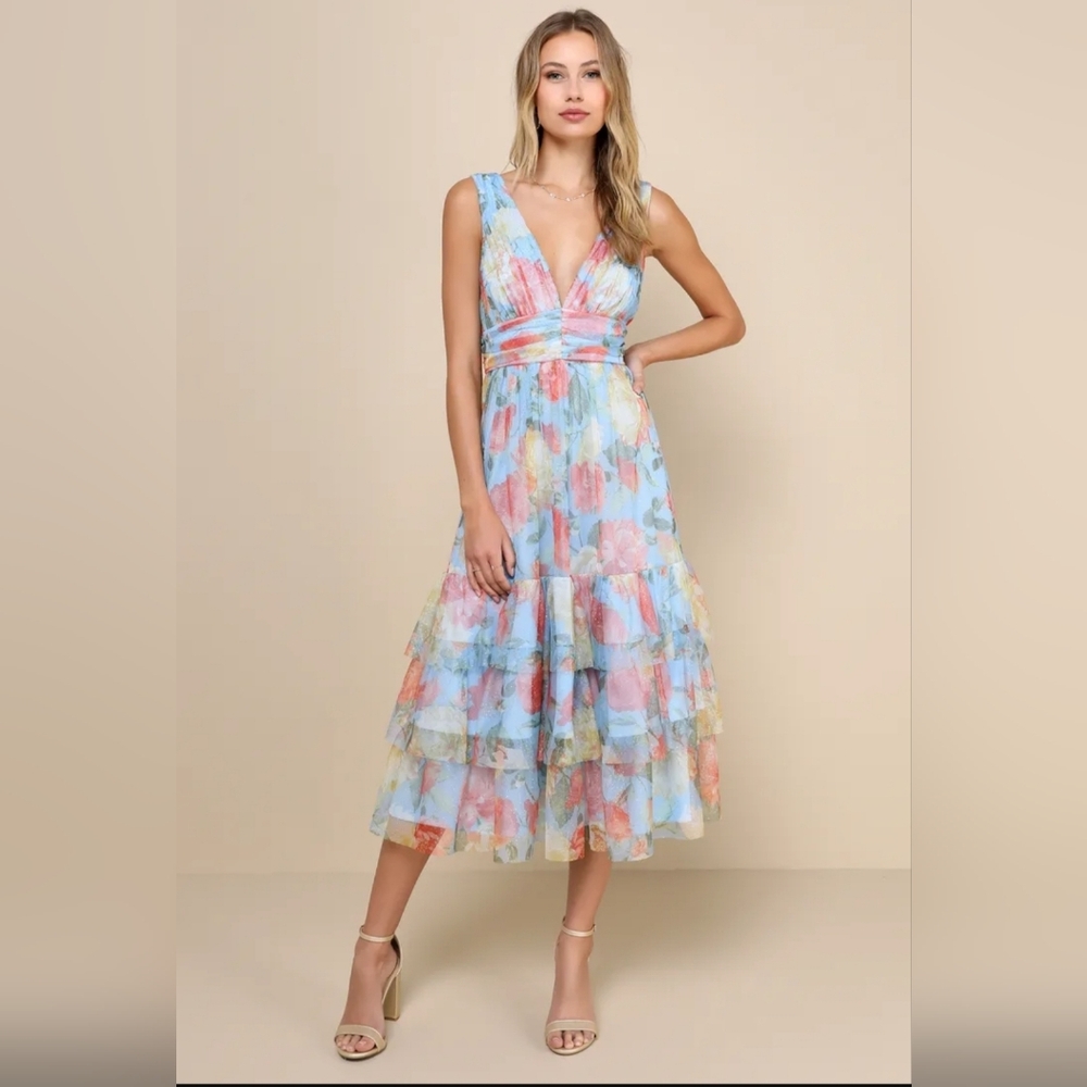 Lulus Perfectly Divine Blue Floral Tulle Tiered Ruffled Midi Dress M NWOT